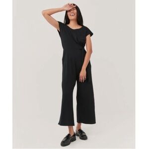 Pact Organic Cotton Short Sleeve Wide Leg Side Tie Jumpsuit In Black Size L